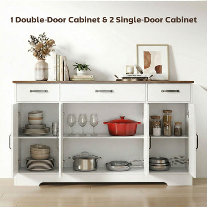Sideboard Buffet Cabinet, 55" Farmhouse Kitchen Cabinet with 4 Barn Doors, 3 Drawers, 3 Adjustable Shelves, Black