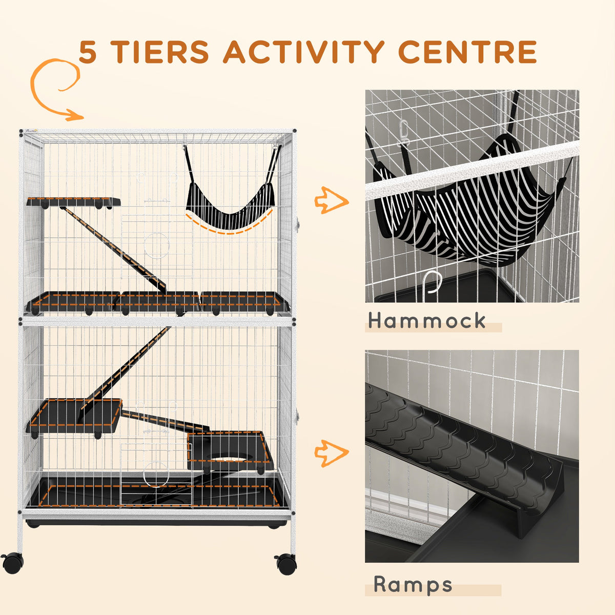 5-Tier Rolling Small Animal Cage, Deluxe Guinea Pig Cage, Ferret Cage for Mink Chinchilla Kitten Rabbit, Grey