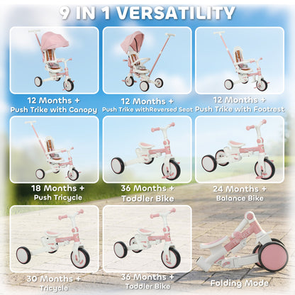 7 in 1 Toddler Tricycle with Safety Harness, Adjustable & Removable Parent Handle, Canopy, Storage Bag, Brake, Pink