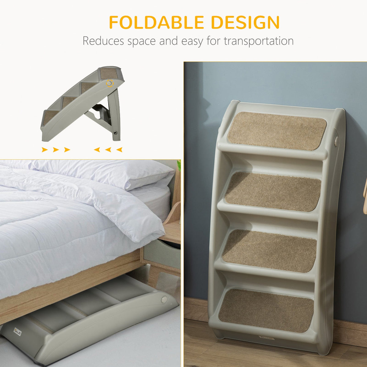 4-Level Portable Dog Stairs, Foldable Dog Steps for Small Dogs, Lightweight Cat Steps, with Nonslip Soft Mats, for High Bed, Sofa, Beige