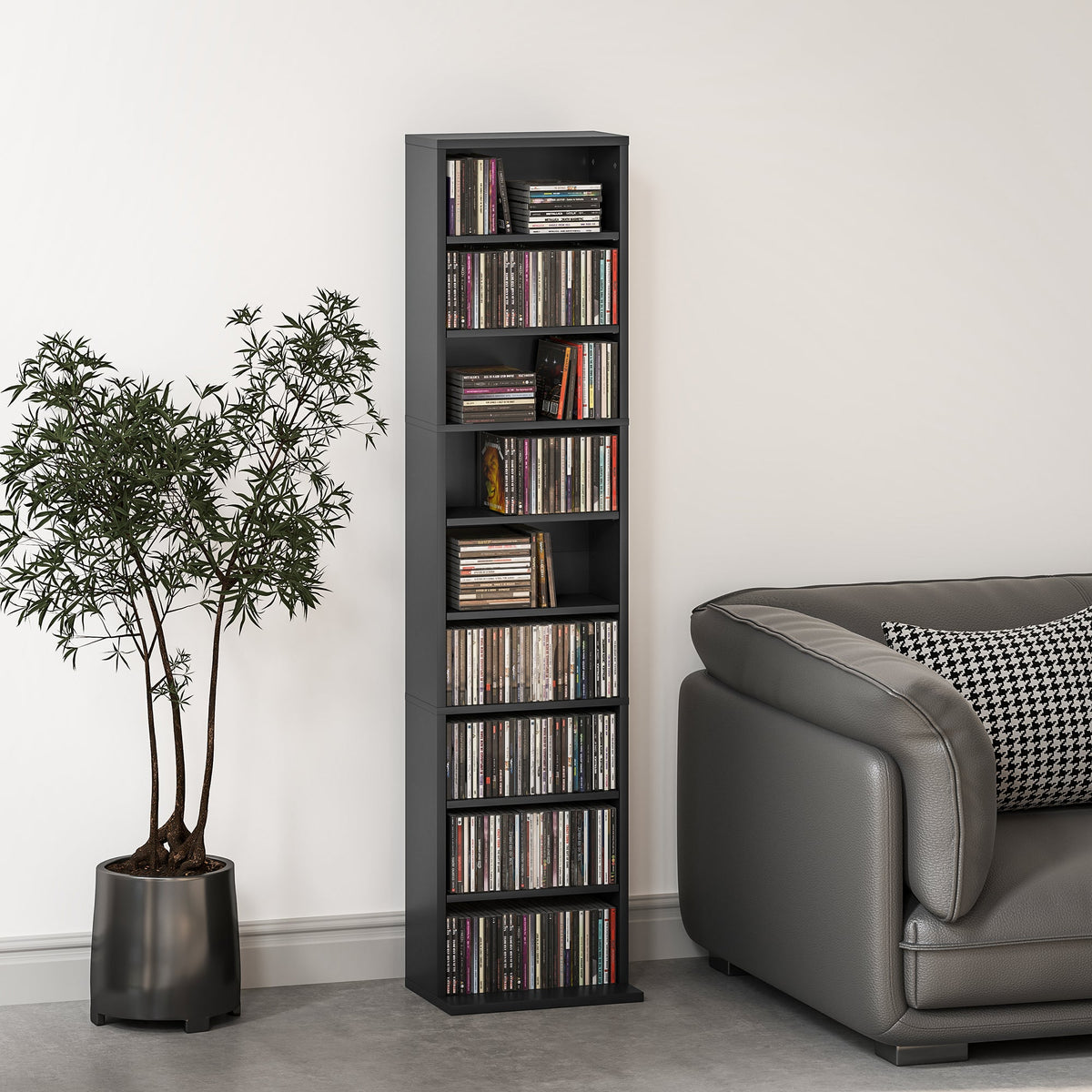 Media Storage Cabinet, 9-Tier Tall Narrow DVD Shelf with 6 Adjustable Shelves, Black