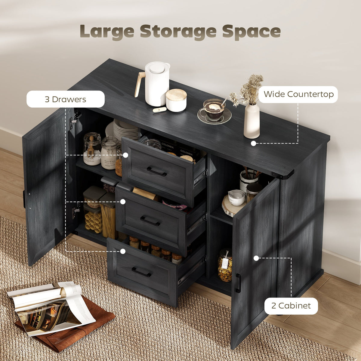 Sideboard with 3 Drawers and 2 Doors, 47" Buffet Cabinet with Adjustable Shelves for Kitchen, Black Wood Grain