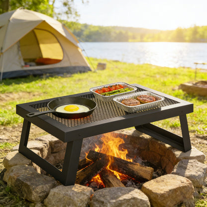 Folding Campfire Grill, 22" x 12" Heavy Duty Carbon Steel Grill Grate with Folding Legs, Black