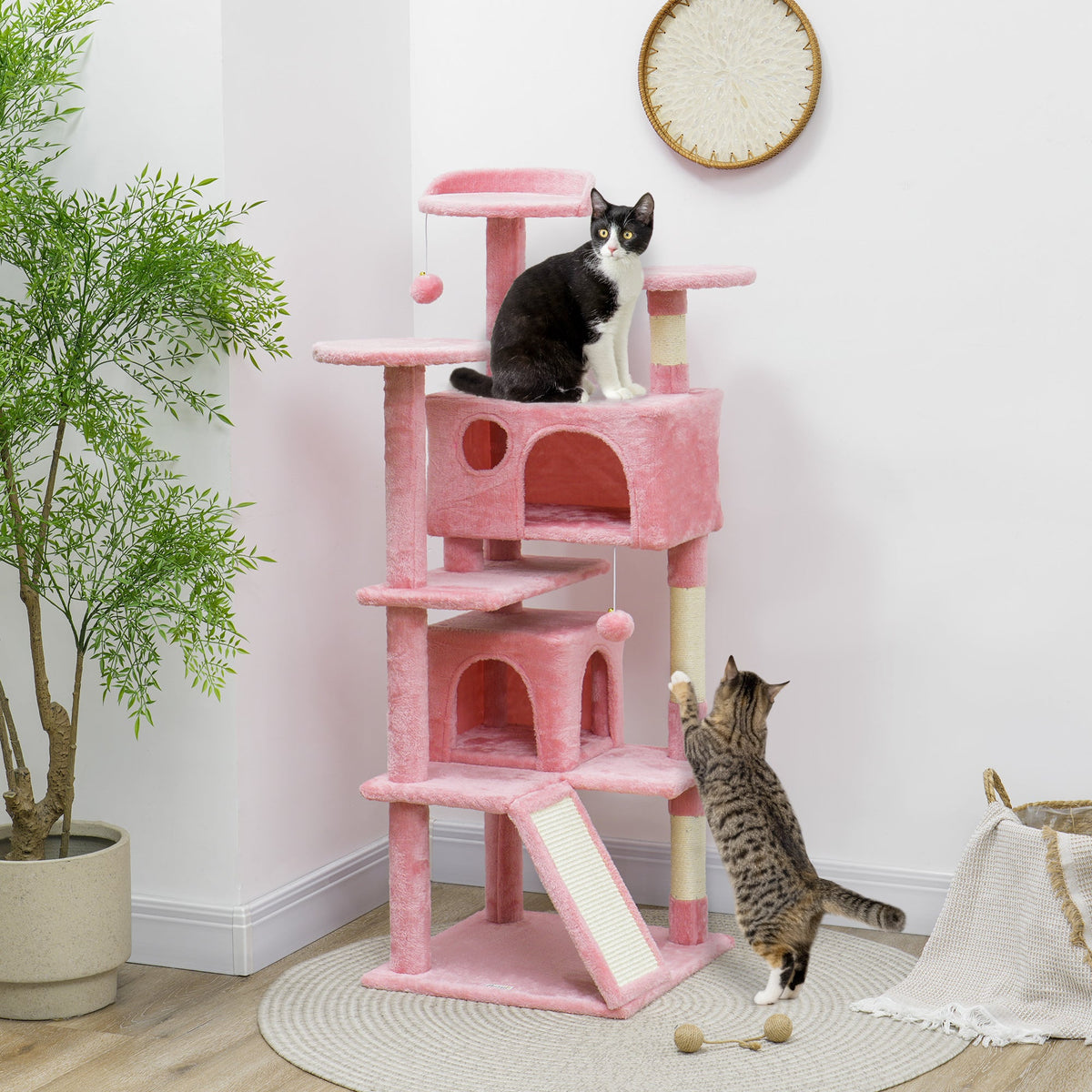 54" Cat Tree, Multi-Level Cat Tower with Scratching Posts, Cat Condos, Bed, Platforms, Ramp, Toy Ball, Beige