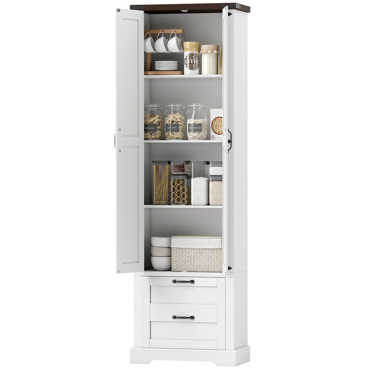 71" Tall Kitchen Pantry Cabinet, Farmhouse Kitchen Storage Cabinet with 2 Drawer and Adjustable Shelves, Black