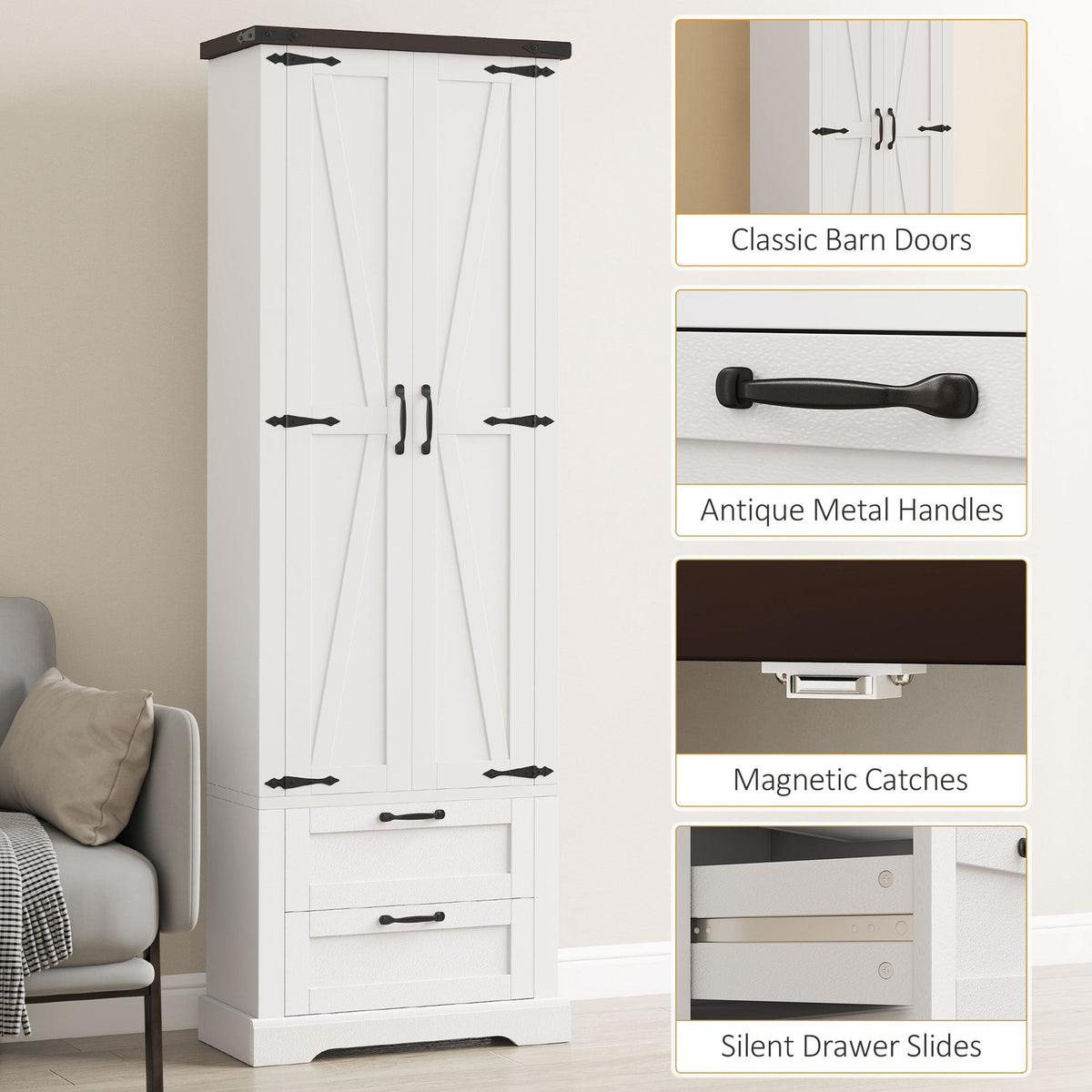 71" Tall Kitchen Pantry Cabinet, Farmhouse Kitchen Storage Cabinet with 2 Drawer and Adjustable Shelves, Black