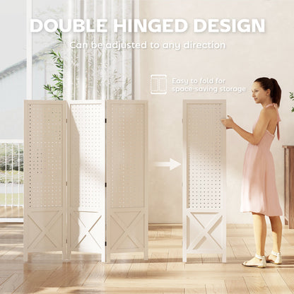 4.7' 3 Panel Wooden Room Divider with Pegboard Display, Folding Privacy Screen for Home Office, Natural