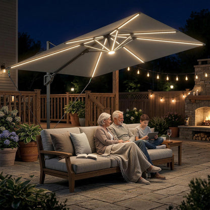 10 x 9.7 ft Offset Cantilever Patio Umbrella with Lights, Wind Rope, UPF50+ Outdoor Cantilever Parasol, Dark Grey