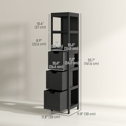 Narrow Bathroom Cabinet with 3 Drawers and 2 Tier Shelf, Tall Cupboard Freestanding Linen Tower, White