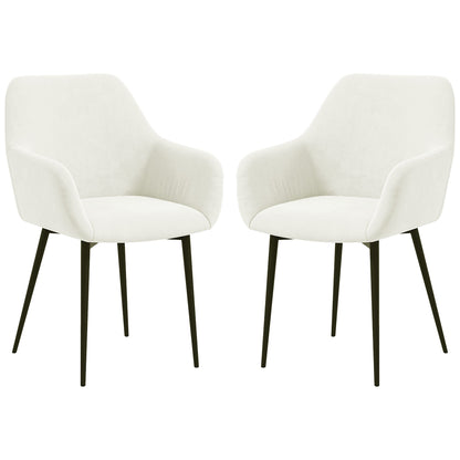 Dining Chairs Set of 2, Velvet-look Fabric Upholstered Kitchen Chairs with Backrest, Armrests and Steel Legs, Cream White
