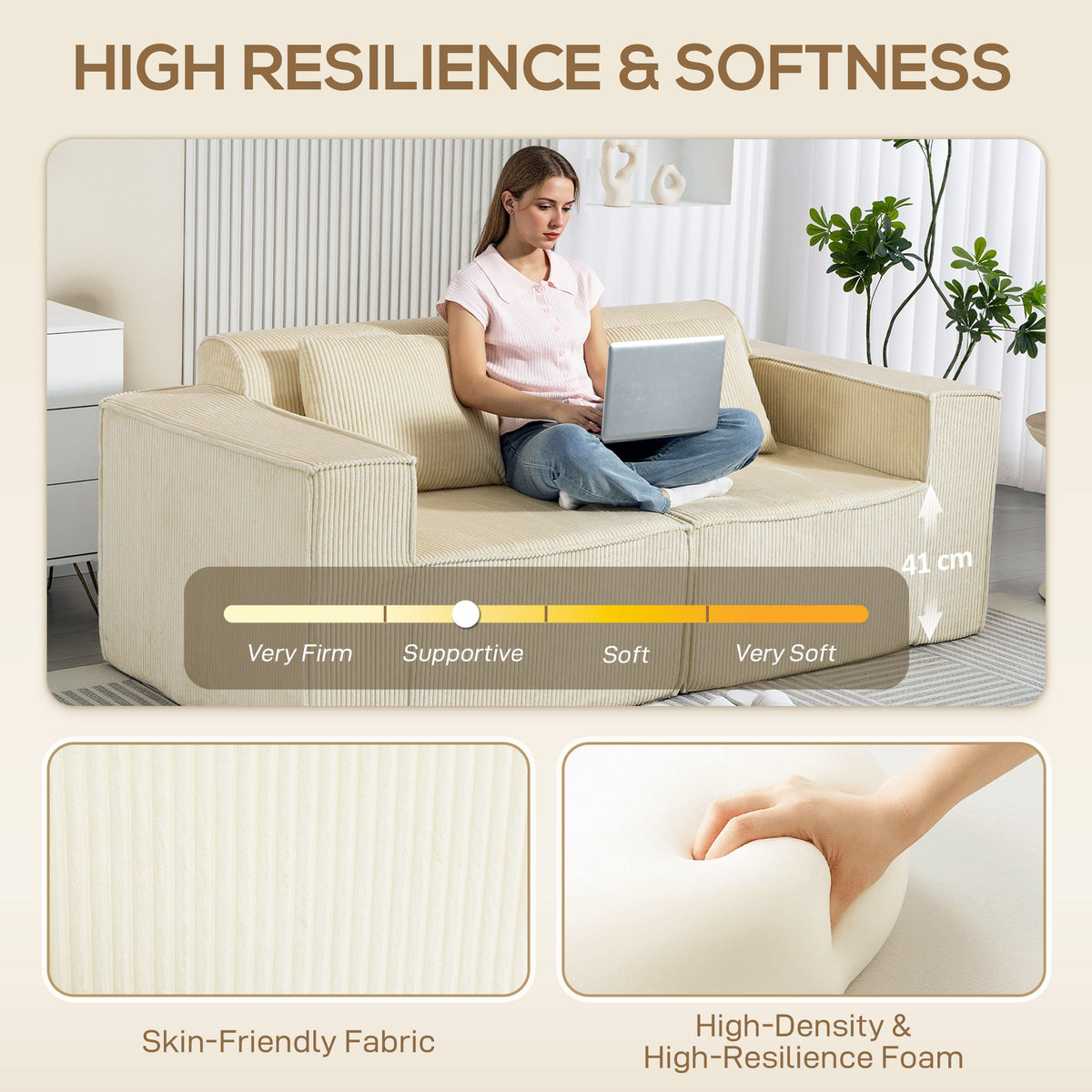 IVAN Boneless Corduroy 3 Seater Sofa with Deep Seats-Beige