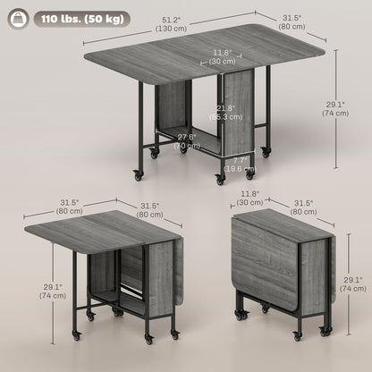 Folding Dining Table, Extendable Kitchen Table for Small Spaces with Storage Shelf and 6 Wheels, Distressed Grey