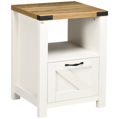 Side Table with Storage, Farmhouse End Table with Drawer, Open Shelf and Barn-style Panel, Nightstand for Living Room, Bedroom, Oak