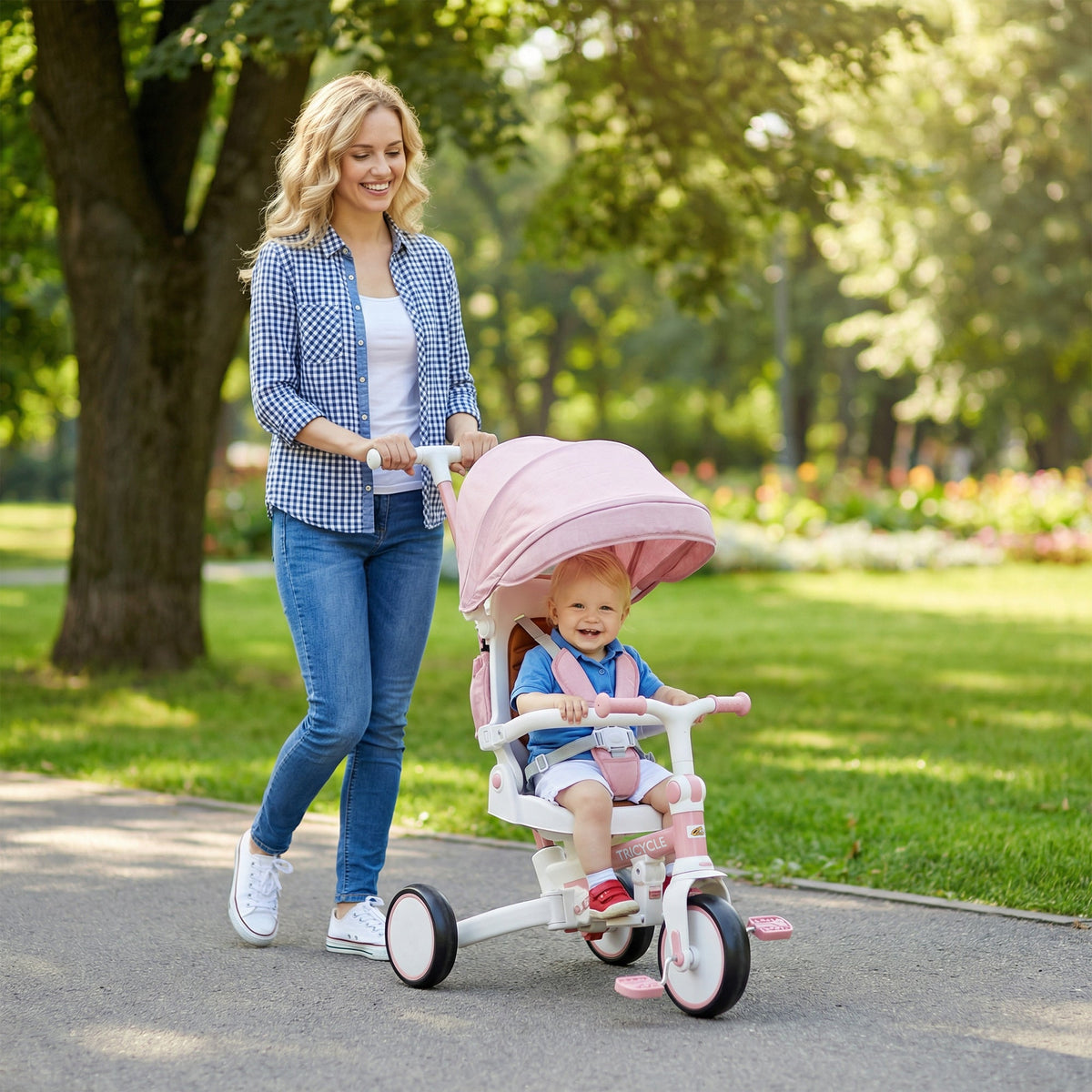7 in 1 Toddler Tricycle with Safety Harness, Adjustable & Removable Parent Handle, Canopy, Storage Bag, Brake, Pink