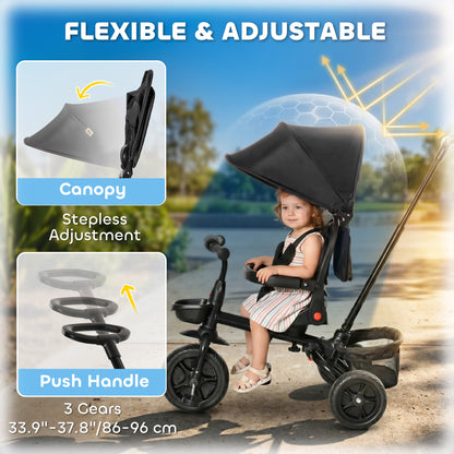 Tricycle for Toddler 5 in 1 Kids Trike, Foldable Converts Stroller to Toddler Bike, Adjustable Backrest & Curved Canopy, Detachable Guardrail & Handle for 1-5 Years Old, Black