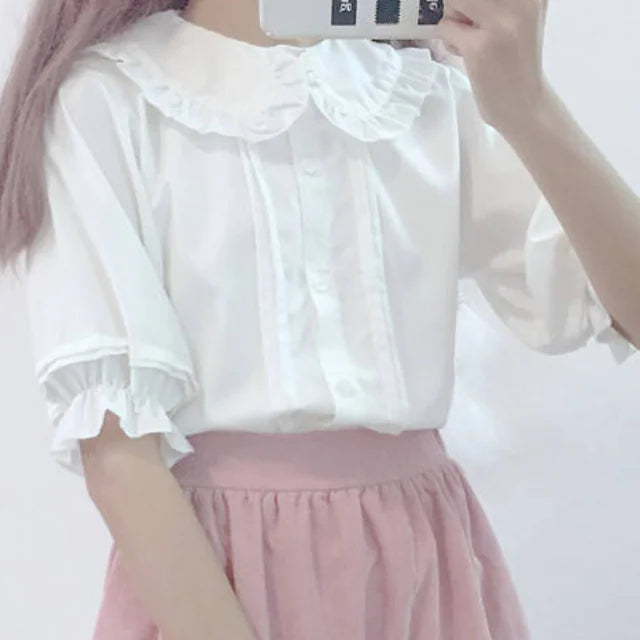 College Style Sweet Ruffle Short Sleeve Women's Top