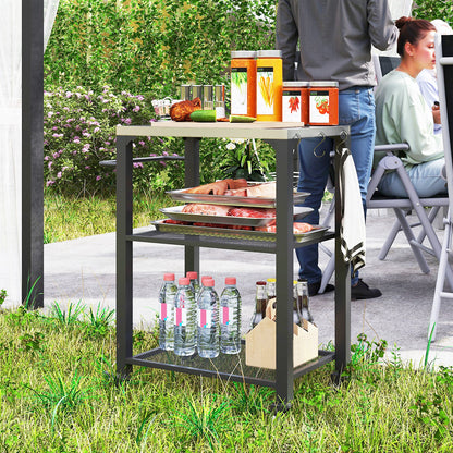 3-Shelf Outdoor Grill Cart Table with Side Handle, Stainless Steel Pizza Oven Stand on Wheels, Black