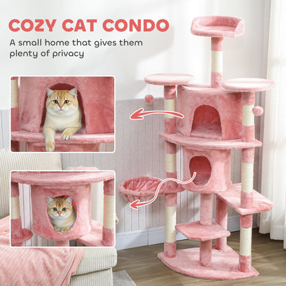 62" Cat Tree with Scratching Post, 2 Condos, Hammock, Perches, Plush, Pompoms, for Indoor Cats, Beige