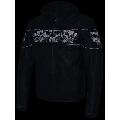 Milwaukee Leather Men's Crossover Scooter Jacket w/ Reflective Skulls & Full Sleeve Removable Hoodie