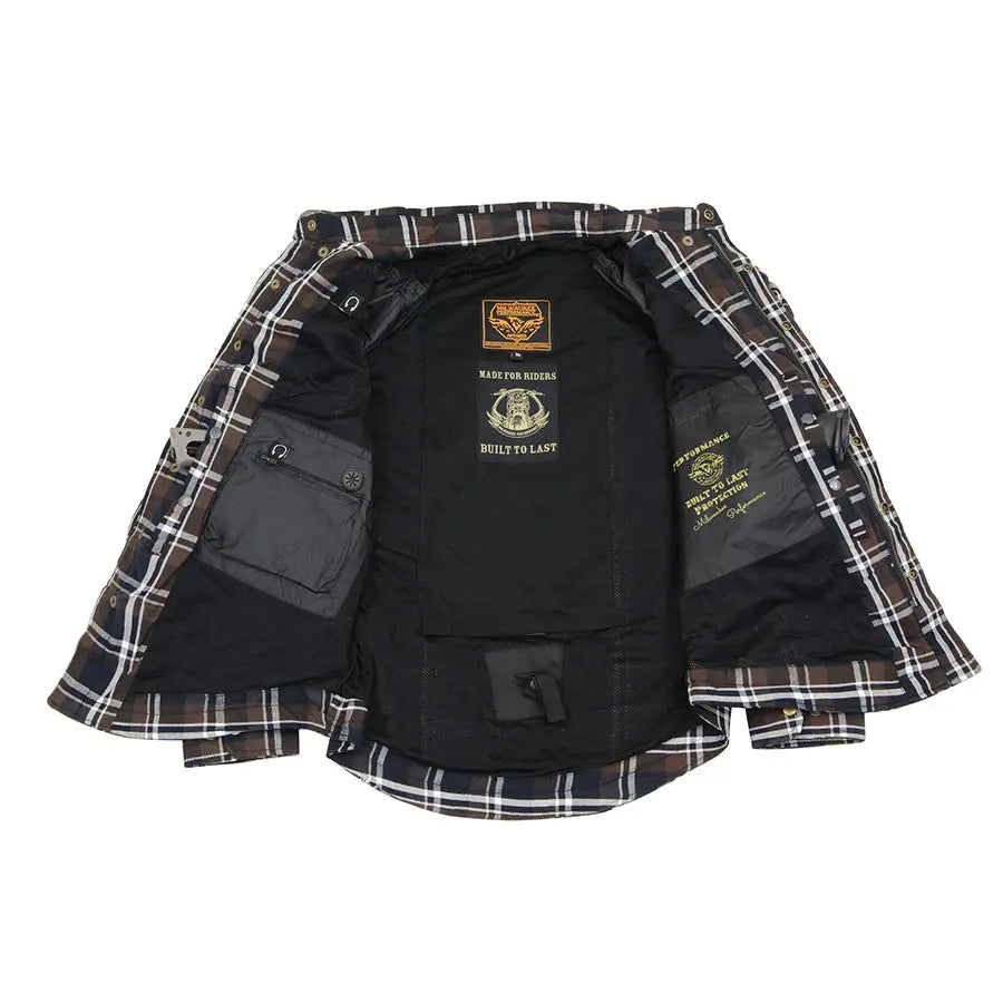 Milwaukee Leather Men's Brown Checkered Armored Flannel Biker Shirt w/ Reinforced Fibers