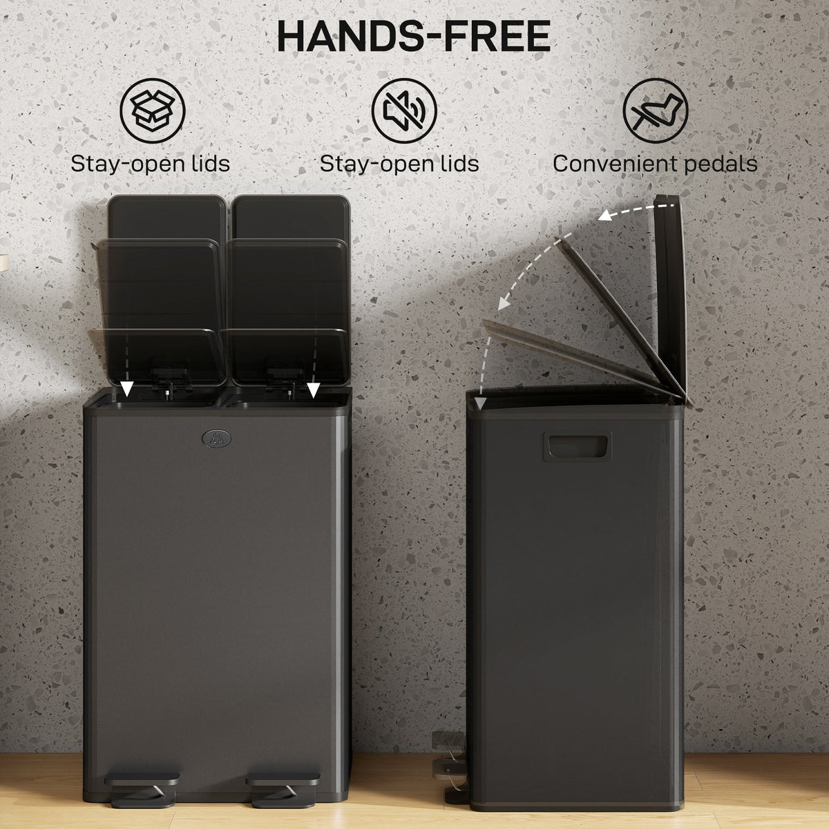 Garbage Bin, Soft-Close Trash Can with Foot Pedal, 2x7.4 Gal (2x28 L) Garbage Can with Removable Inner Buckets, SBlack