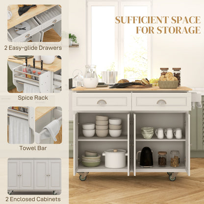Kitchen Island with Storage, Rolling Kitchen Island with Drop Leaf, Rubber Wood Top and Adjustable Shelves, Cream White