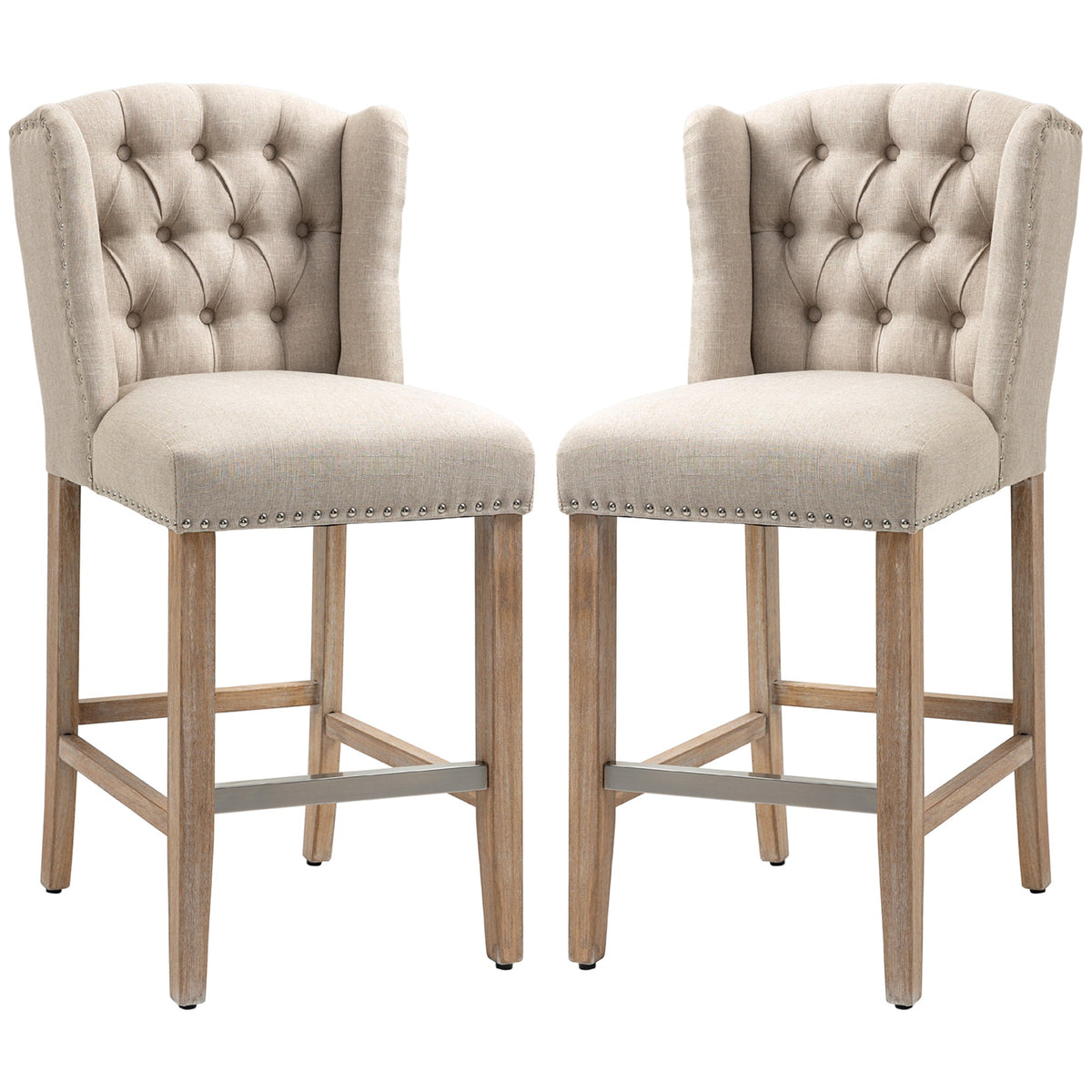 Counter Height Bar Stools Set of 2, Upholstered Bar Chairs with Nailhead Backrest and Footrest, Modern Barstools for Kitchen, Dining Room, Beige