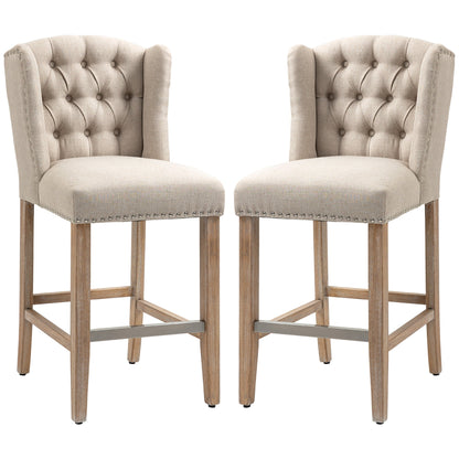Counter Height Bar Stools Set of 2, Upholstered Bar Chairs with Nailhead Backrest and Footrest, Modern Barstools for Kitchen, Dining Room, Beige