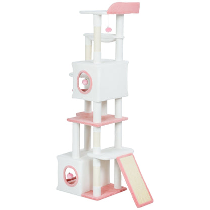 65 Inch Cat Tree with 2 Doors Condos, Plush Top Perch, Hammock, Sisal Scratching Posts, 4 Pompoms, Ramp, Grey