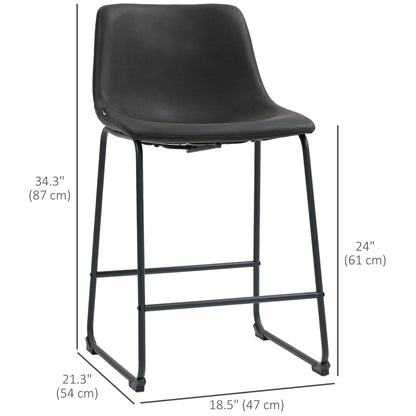 Counter Height Bar Stools Set of 2, Vintage PU Leather Bar Chairs, Kitchen Stool with Footrest, Dark Brown