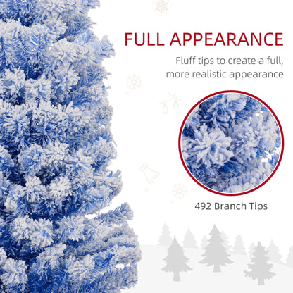 6ft Flocked Christmas Tree, Pencil Christmas Tree with Realistic Branch Tips, Folding Metal Stand, Green