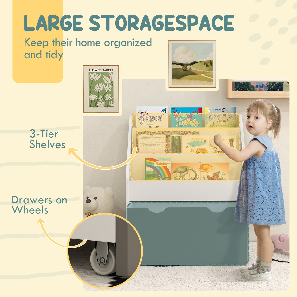 Kids Bookshelf with 3 Tier Display Shelves, Drawer for Nursery, Grey