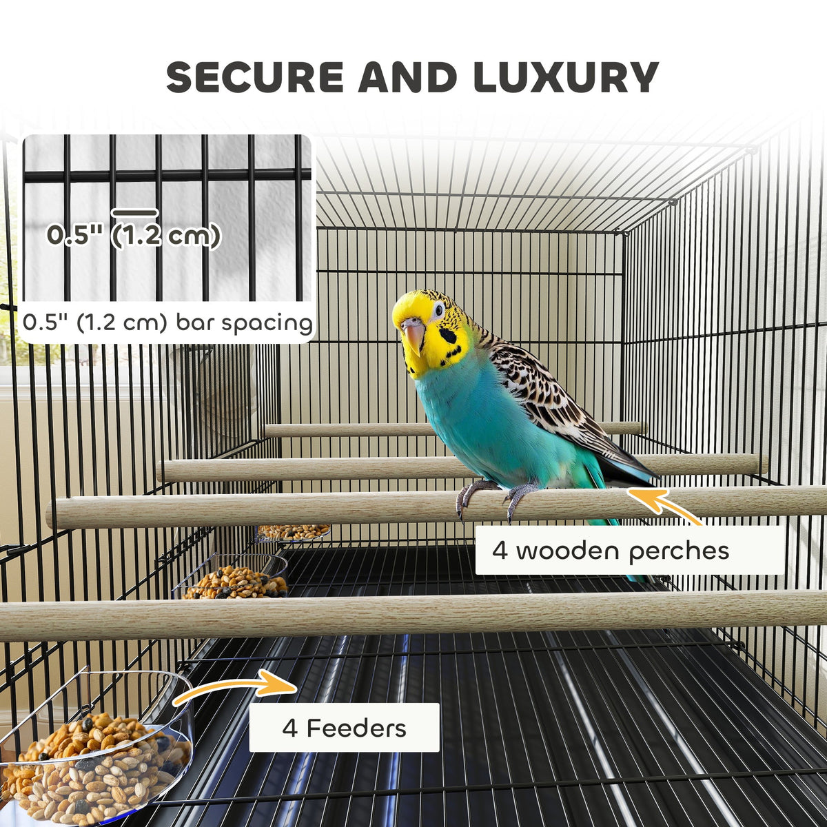 18" H Bird Cage, Large Parakeet Cage for Budgie, Lovebird, Canary, Finches with Divider, Black