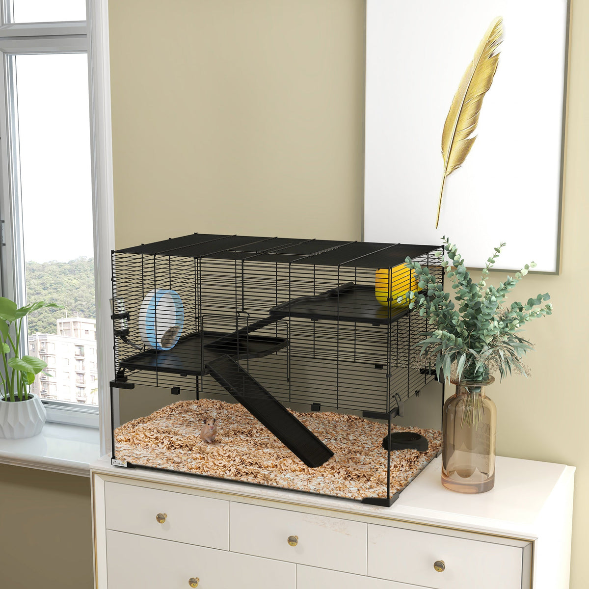 Hamster Cage, Gerbil Cage with Glass Basin for Small Hamsters, Black