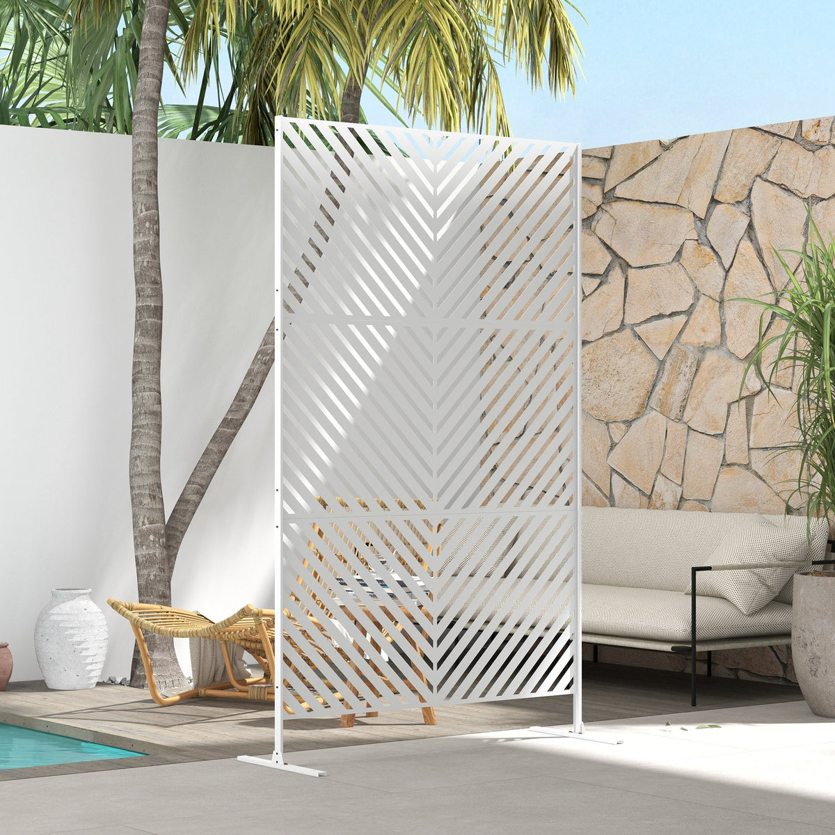 6.5FT Decorative Outdoor Divider, Metal Privacy Screen with Stand, Triangle Style, Black