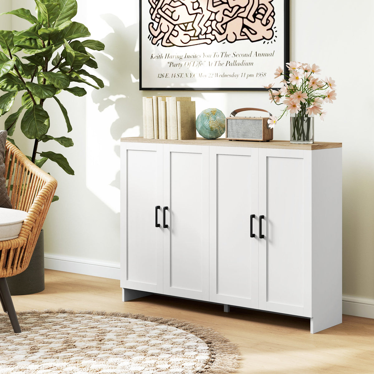 Modern Sideboard Buffet Cabinet, Modern Kitchen Storage Cabinet with 3 Doors Adjustable Shelves, for Dining Room, Black