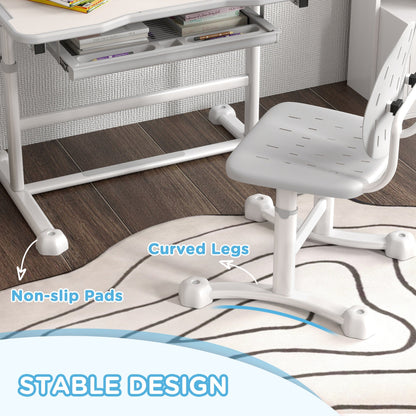 Height Adjustable Kids Desk and Chair Set with Tilt Desktop, Large Writing Board, Storage Drawer, Book Stand, Grey