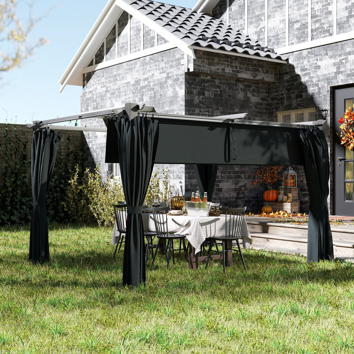 10' x 13' Pergola with Retractable Canopy and Curtains, UPF30+ Sun Shade Shelter for Grill, Garden, Backyard, Deck