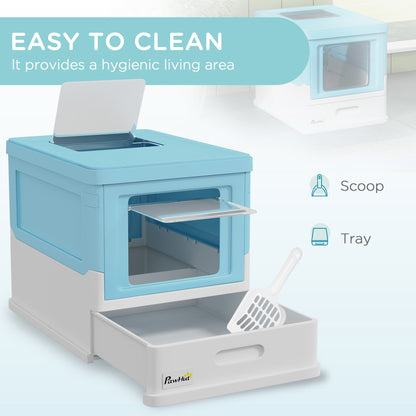 Top Entry Enclosed Kitty Litter Box with Scoop, Tray, Front Entry, Large Space, Foldable, Portable, Grey