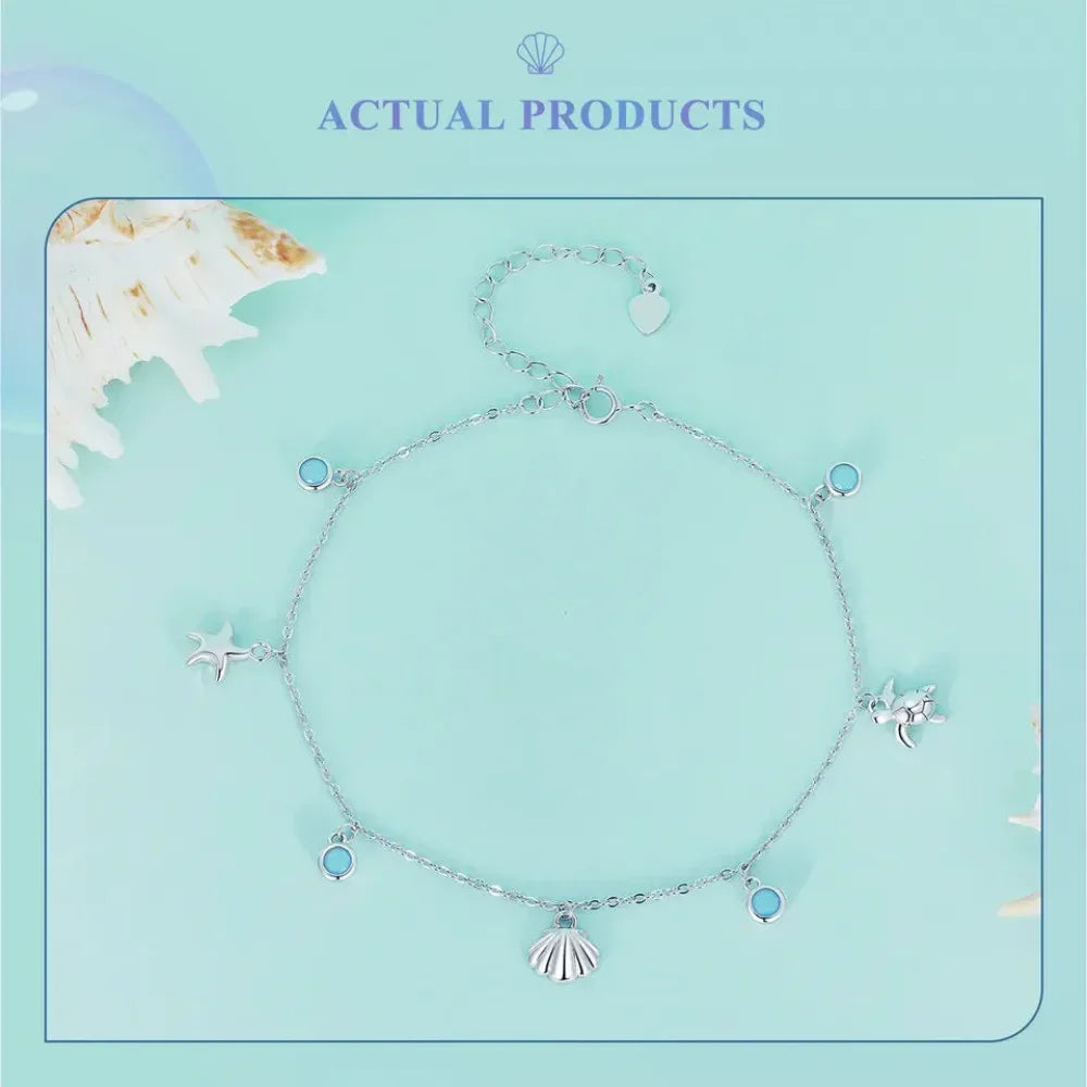 925 Sterling Silver Seastar And Shell Pendant Anklet | Simple Chain Foot Jewelry For Women | Platinum Plated Summer Jewelry