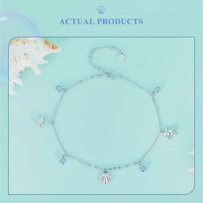 925 Sterling Silver Seastar And Shell Pendant Anklet | Simple Chain Foot Jewelry For Women | Platinum Plated Summer Jewelry