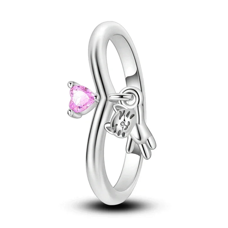 925 Sterling Silver Pink Cat Heart Charm Ring