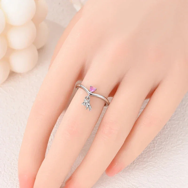 925 Sterling Silver Pink Cat Heart Charm Ring