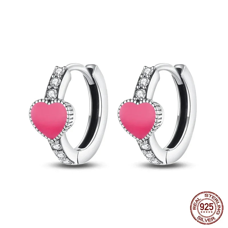 Romantic Pink Heart Sterling Silver Huggie Hoop Earrings With Cubic Zirconia