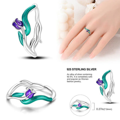925 Sterling Silver Enamel Tulip Ring