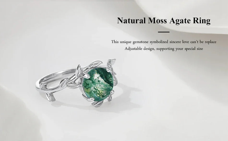 Nature's Embrace: Adjustable Sterling Silver Moss Agate Ring