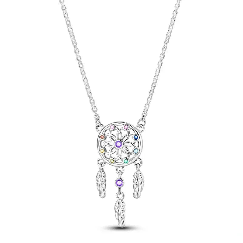Dream Catcher Sterling Silver Pendant Necklace With Colorful Cubic Zirconia