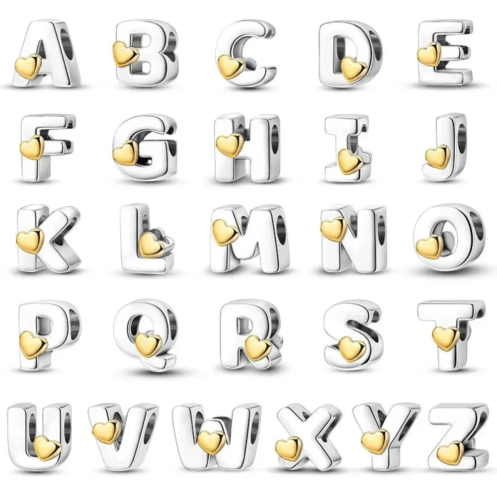 Personalize Your Bracelet: 925 Silver Alphabet Bead With Gold Heart