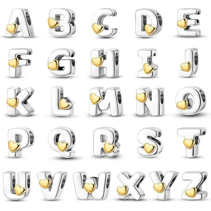 Personalize Your Bracelet: 925 Silver Alphabet Bead With Gold Heart