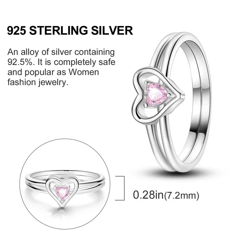 925 Sterling Silver Pink Double Heart Ring